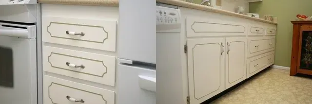A kitchen with white cabinets and a white dishwasher.