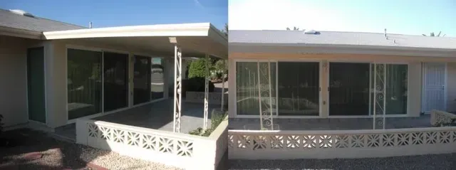 A before and after photo of a house with sliding glass doors.