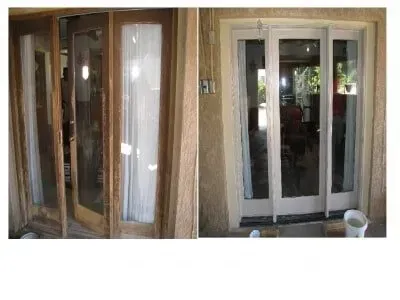 A before and after picture of a sliding glass door.