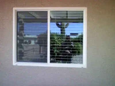 A man is taking a picture of himself in a window with blinds.
