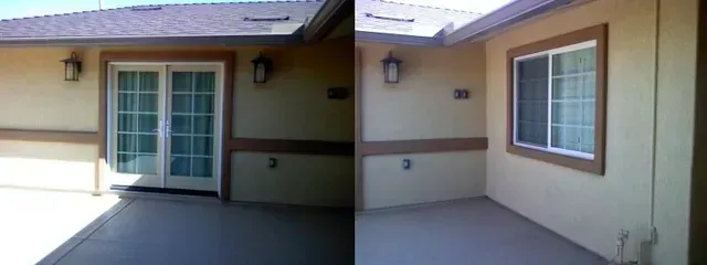 Two pictures of a house with sliding glass doors and a window.