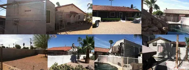 A collage of pictures of a house with a pool.