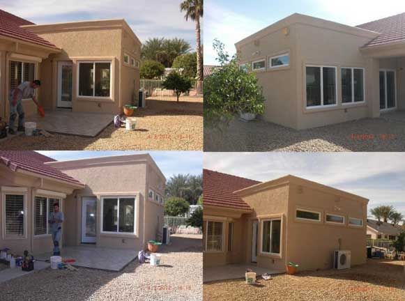 A collage of four pictures of a house being painted.