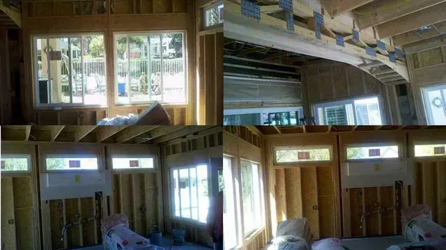 A collage of four pictures of a house under construction.