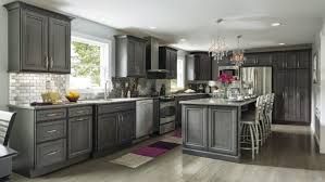 A kitchen with gray cabinets , stainless steel appliances , and a large island.