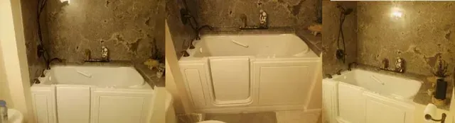 A bathroom with a walk in tub and a toilet.
