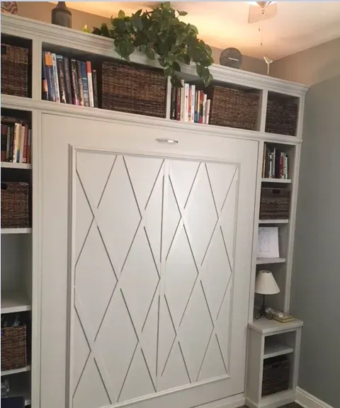 A room with a wall mounted bed and shelves filled with books and baskets.