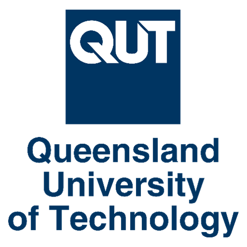 The queensland university of technology logo is blue and white.