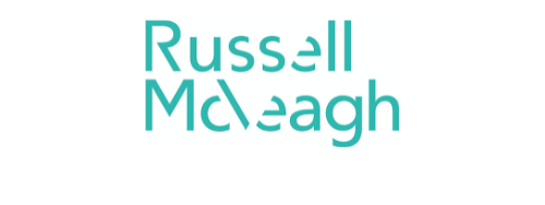 The logo for russell mcveagh is blue and white on a white background.