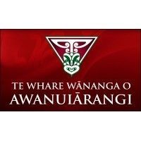 The logo for te whare wananga o awanuirangi is on a red background.