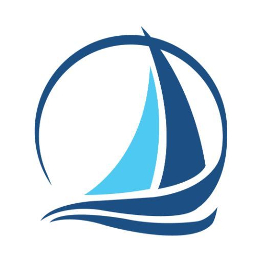 Sailboat icon in dark and light blue, set in a blue circle and waves.