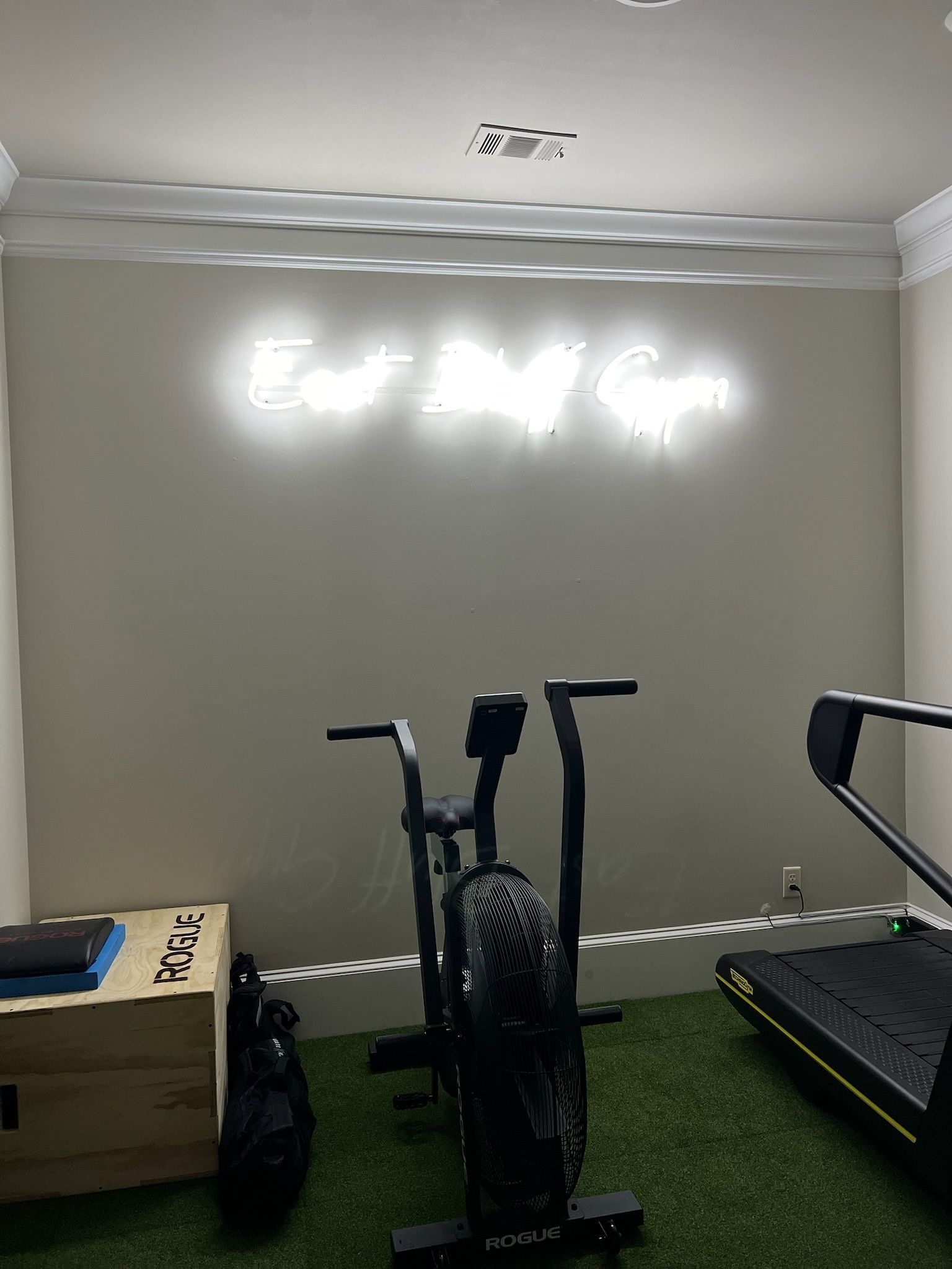 Home gym with exercise equipment: air bike, treadmill, plyo box, and 