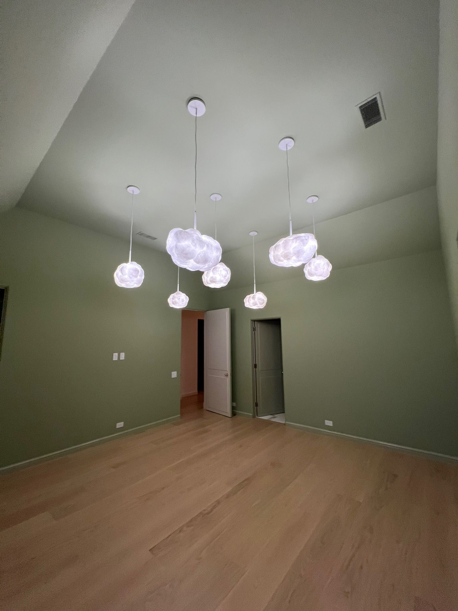 Empty room with pale green walls, light wood floor, and cloud-shaped pendant lights.