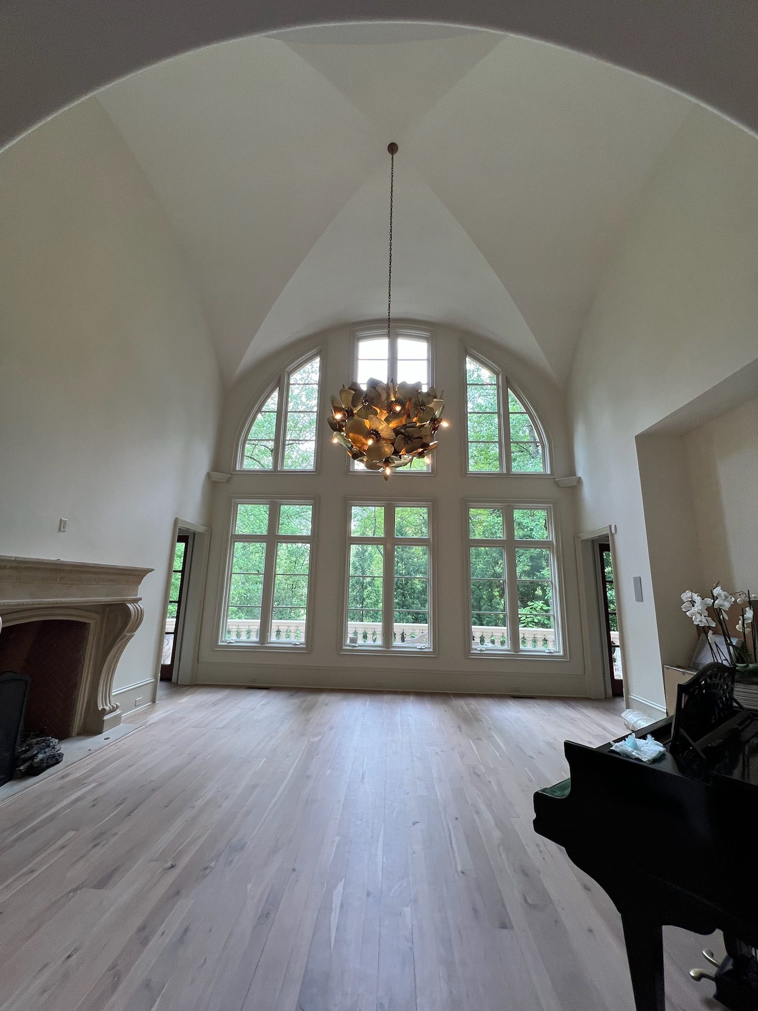 Spacious room with arched ceiling, large windows, chandelier, fireplace, and hardwood floors.