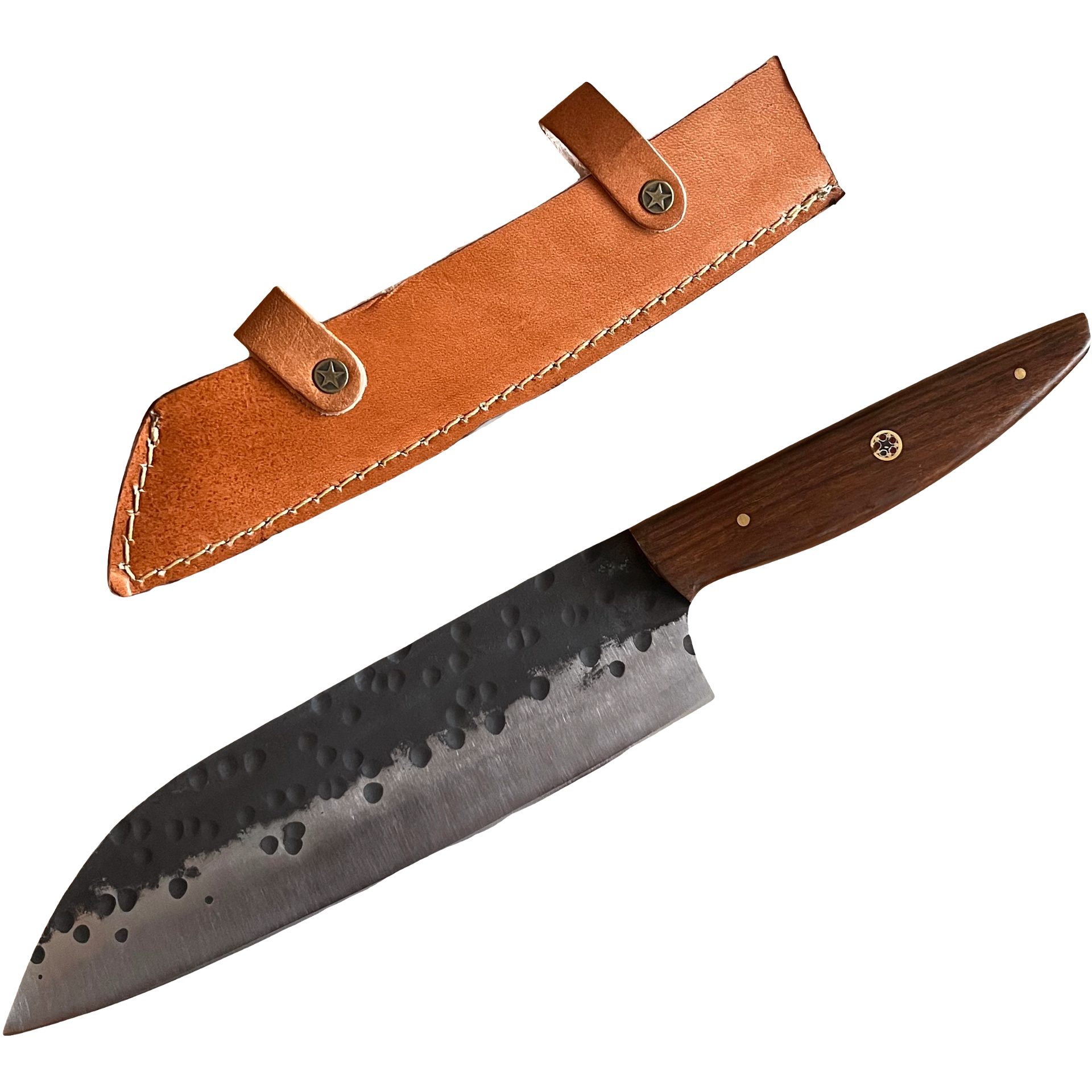 Professioneel koksmes van koolstofstaal met lederen schede – Fyreza keukenmes met ergonomisch houten handvat