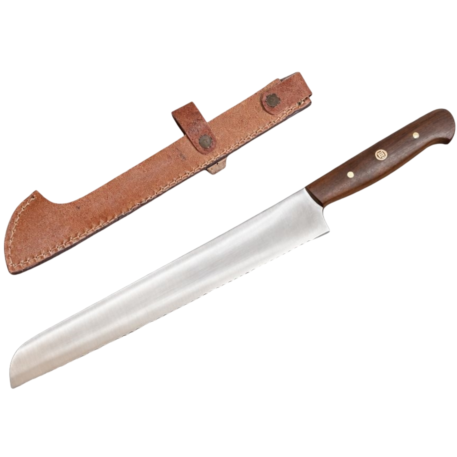 Hoogwaardig broodmes met karteling en lederen schede – ideaal voor knapperig brood en zachte kruim