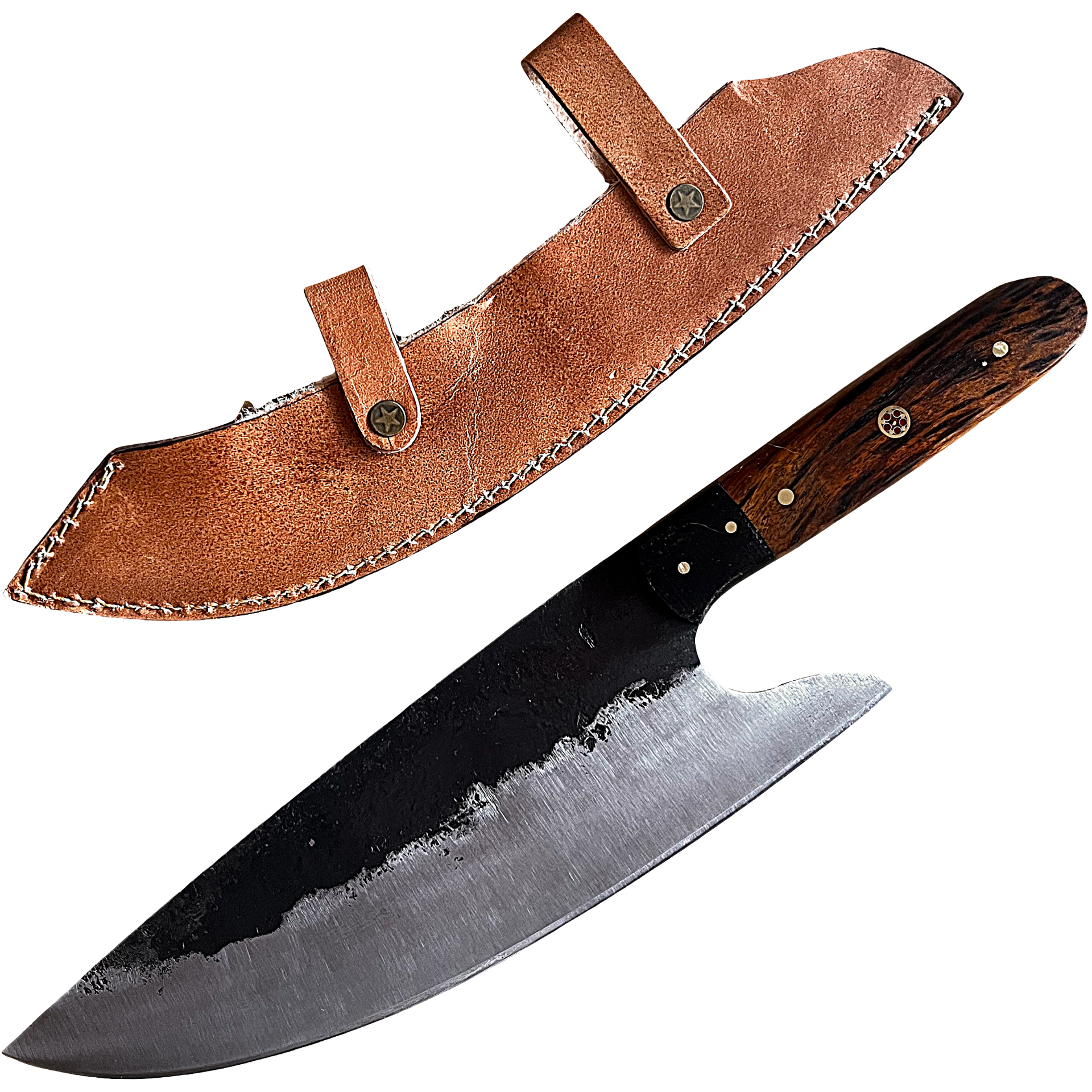 Fyreza koksmes XL van koolstofstaal met lederen schede – groot BBQ mes voor vlees en bereidingen