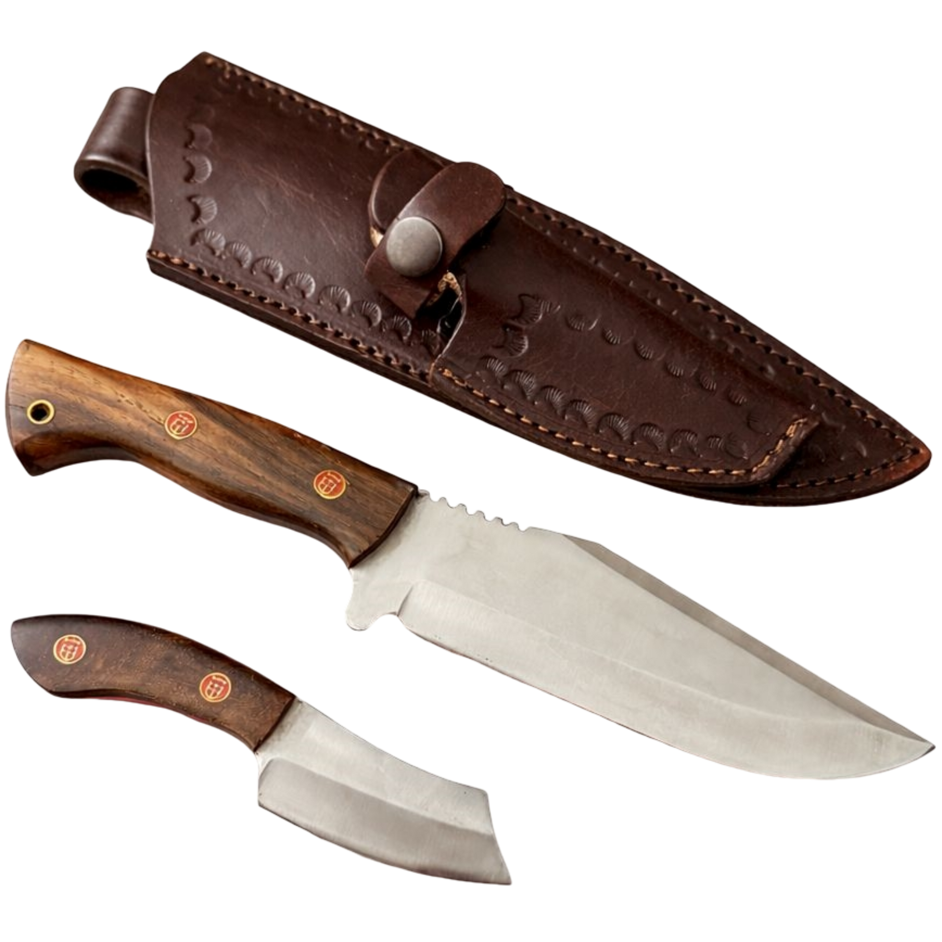 Dubbel jachtmes set met leren schede en houten handgreep van RVS staal