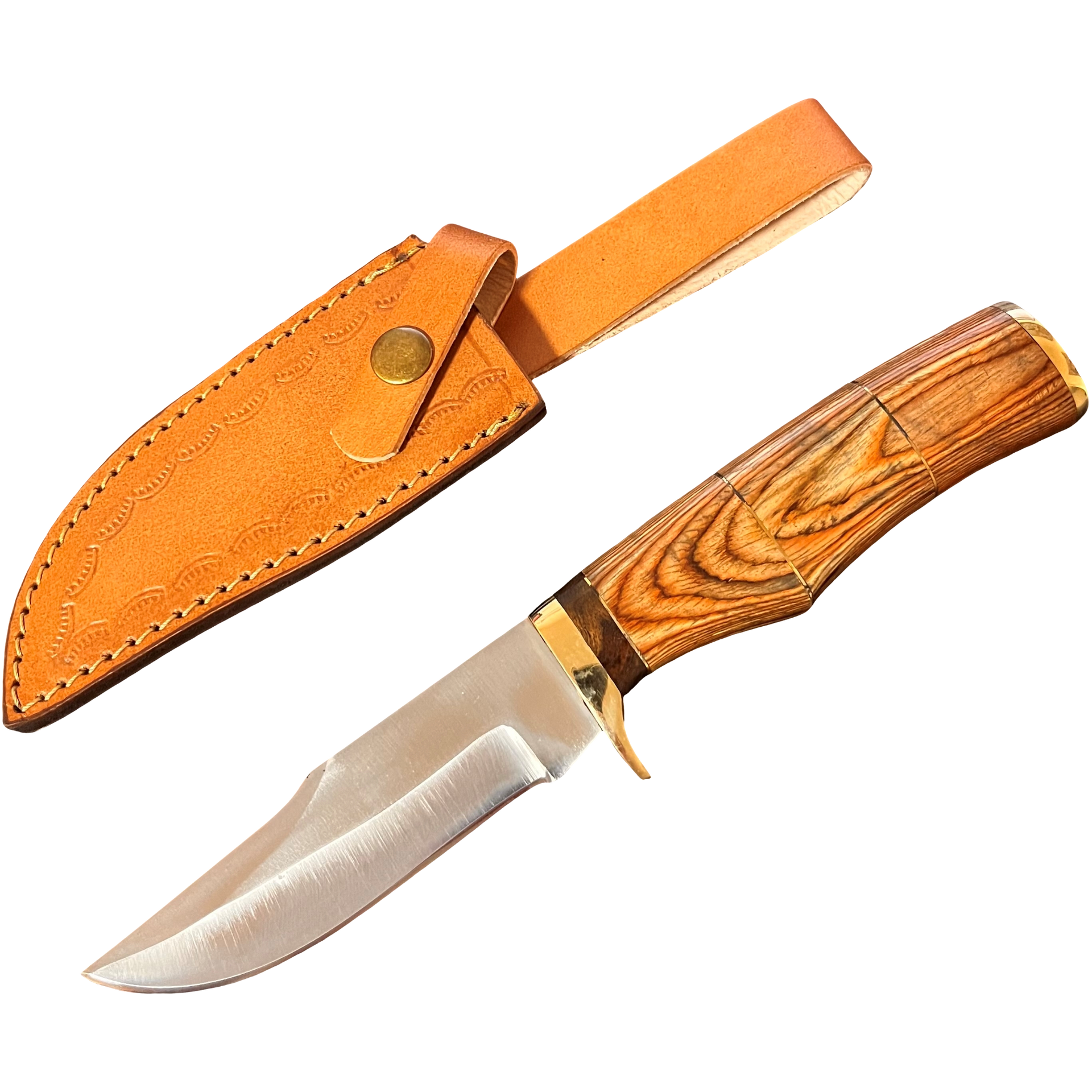 Fyreza hunter knife premium jachtmes met lederen schede en breed houten handvat voor outdoor gebruik