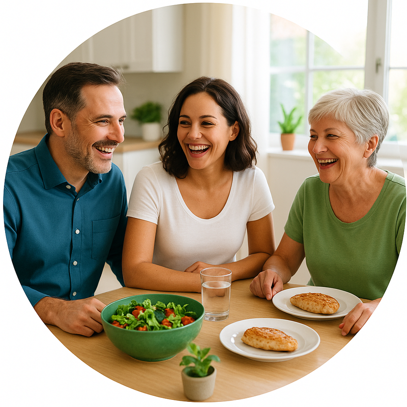 A family is sitting at a table with plates of food and a bowl of salad.
