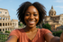 A woman is taking a selfie in front of the colosseum in rome.