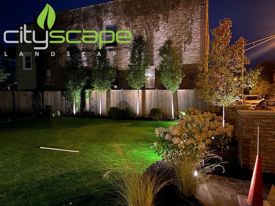 Cityscape landscape design with illuminated backyard, grass, fence, and stone wall at night.