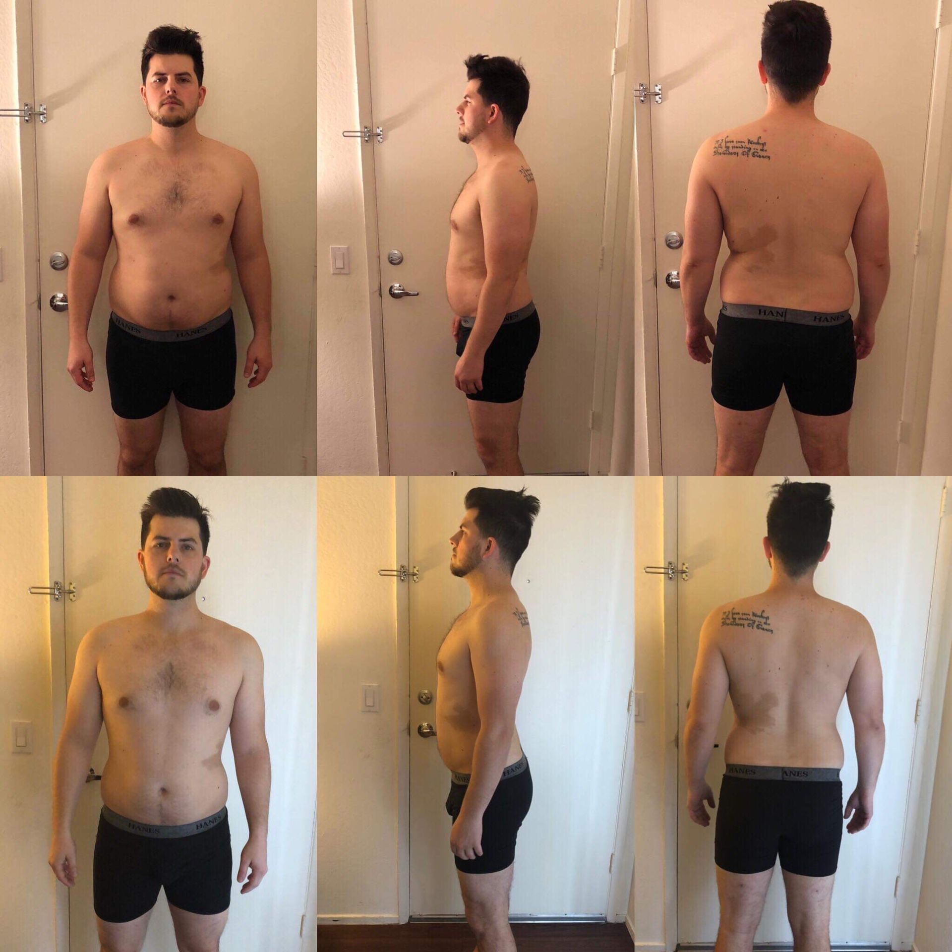 A man with a tattoo on his back is standing in front of a door