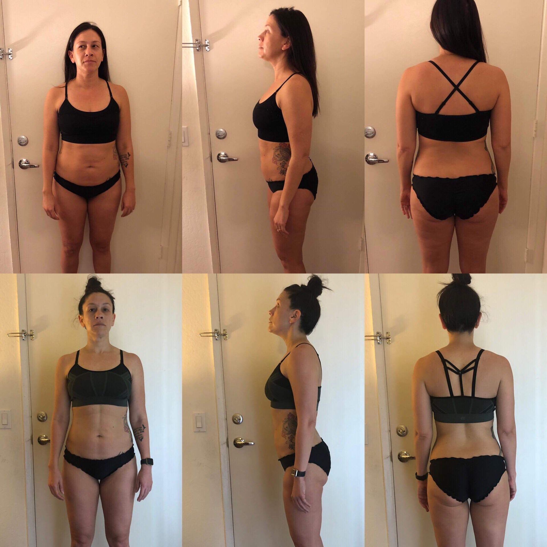 A woman in a bikini is standing in front of a door