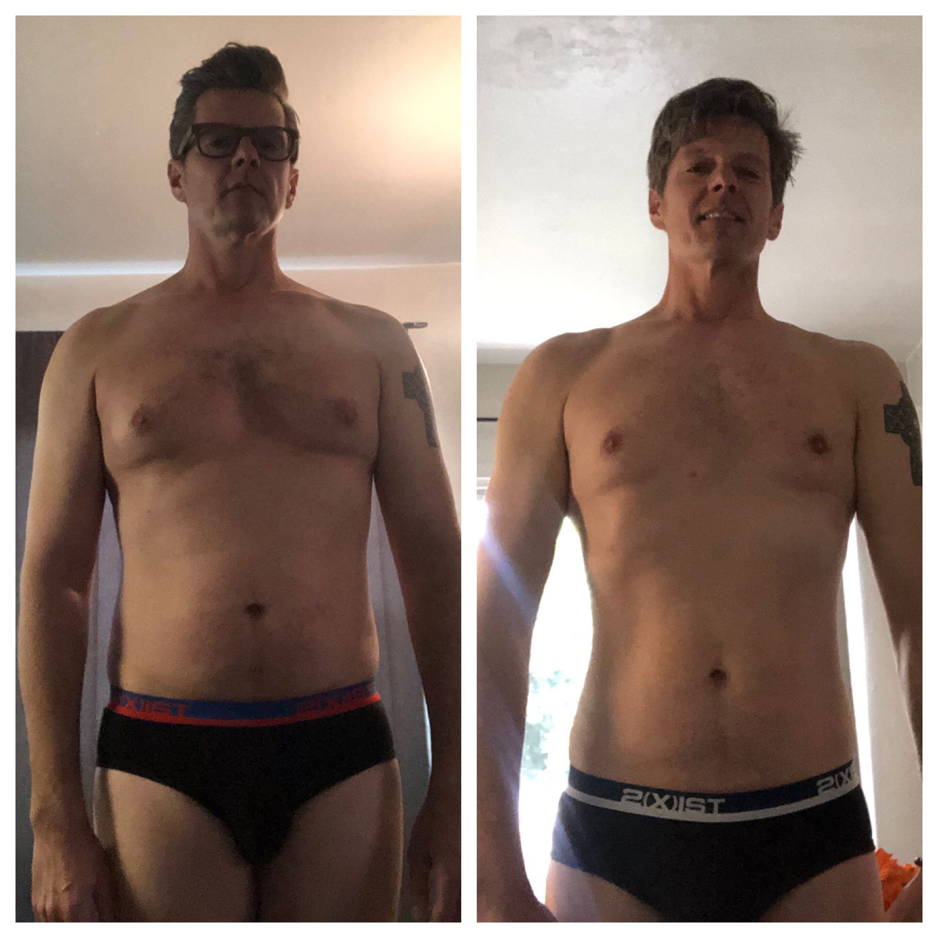 A before and after photo of a shirtless man in briefs