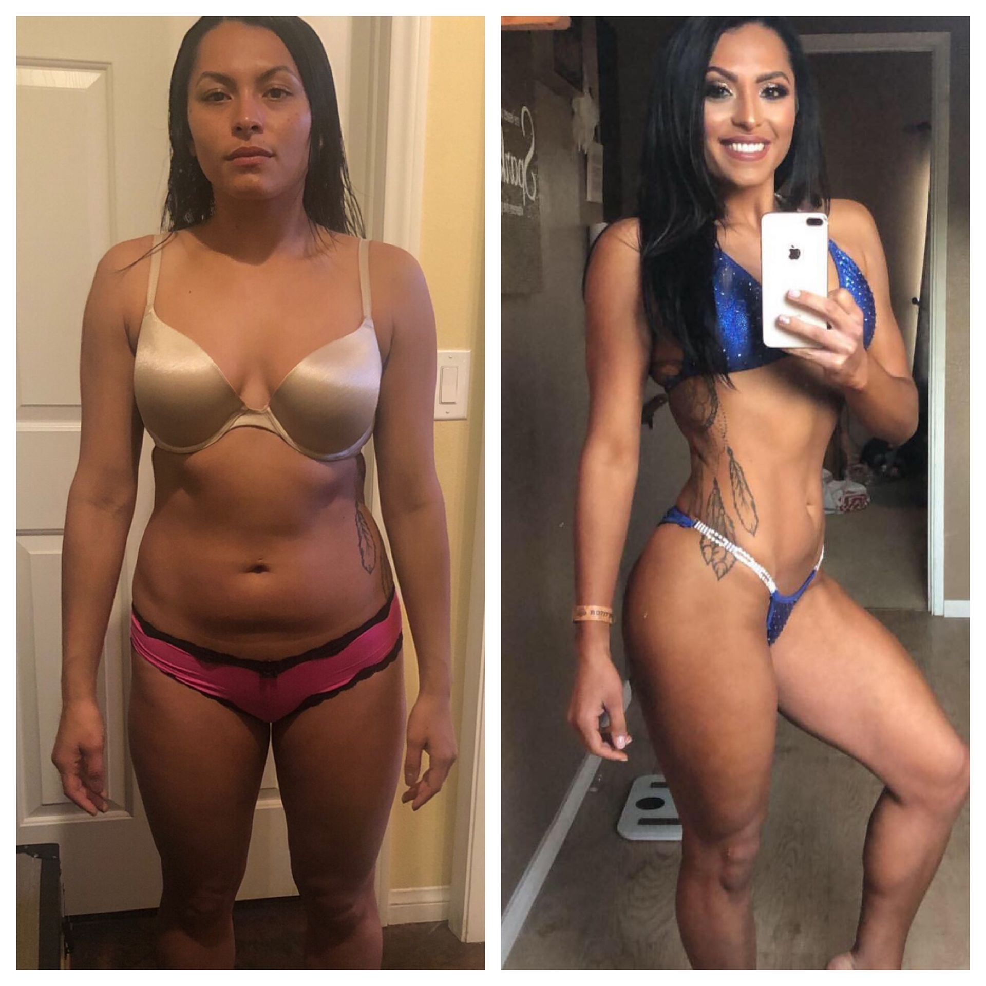 A before and after picture of a woman in a bikini taking a selfie.