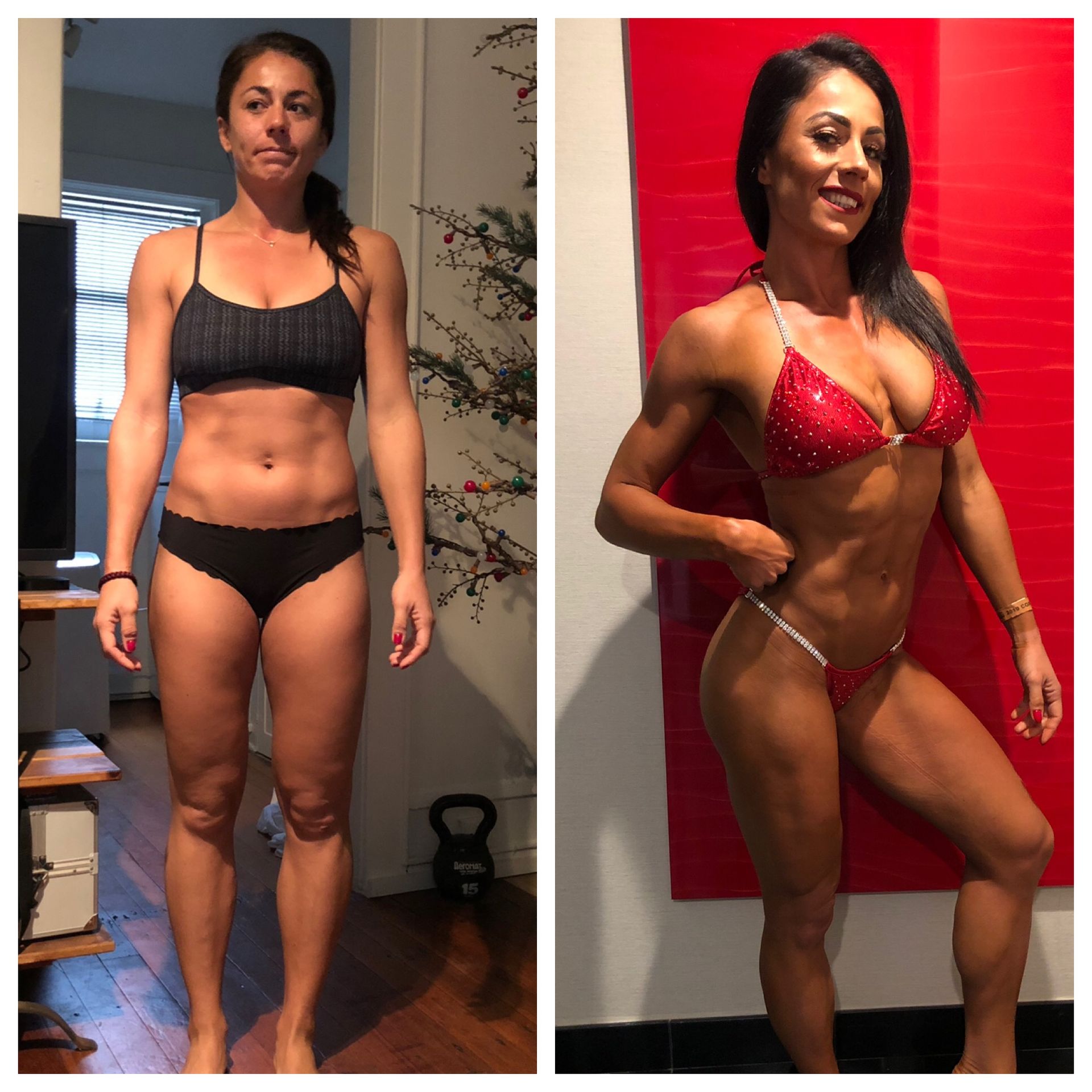 A before and after picture of a woman in a bikini.