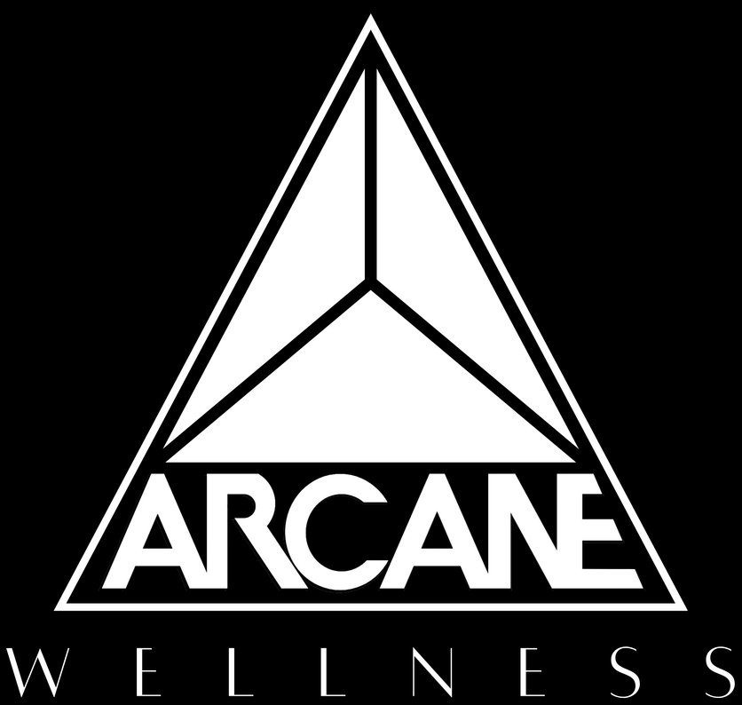 Arcane Wellness logo with black triangular symbol and text on white background