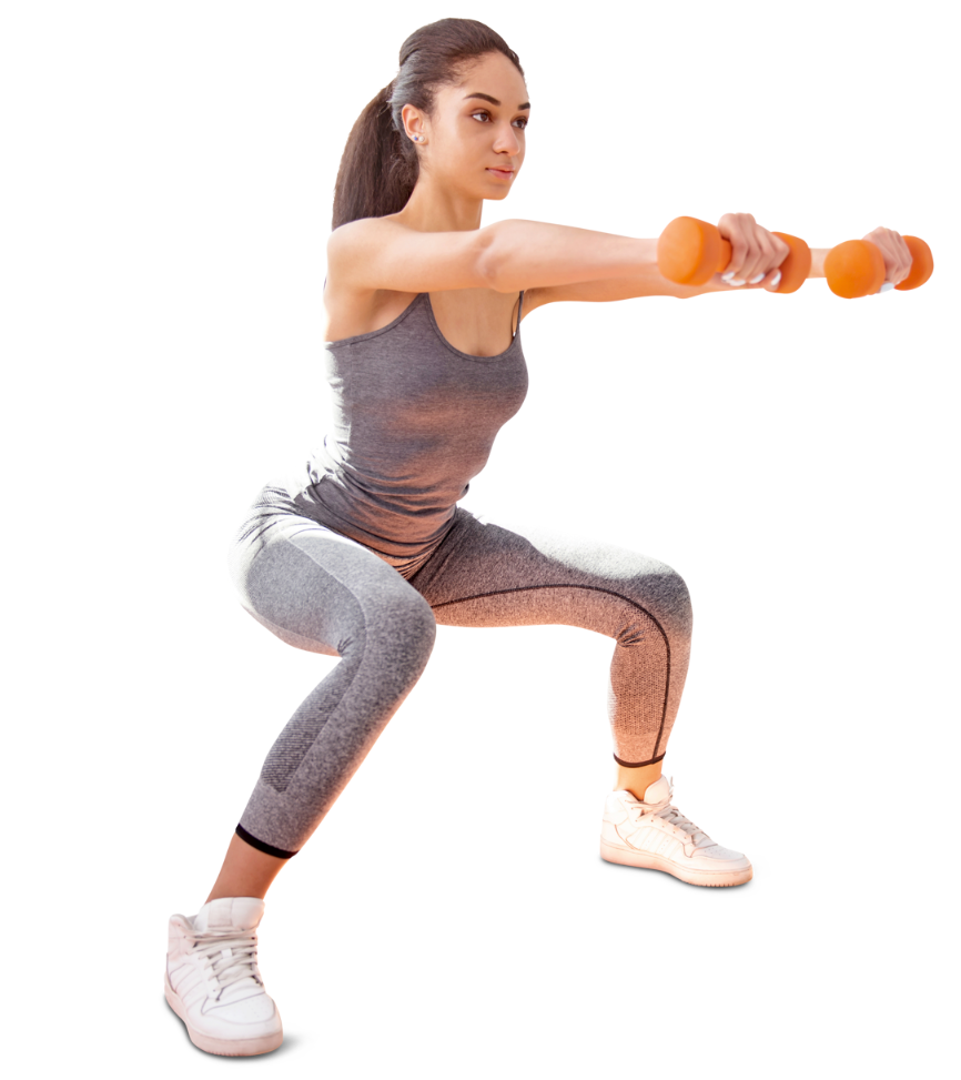 A woman is squatting with dumbbells in her hands.