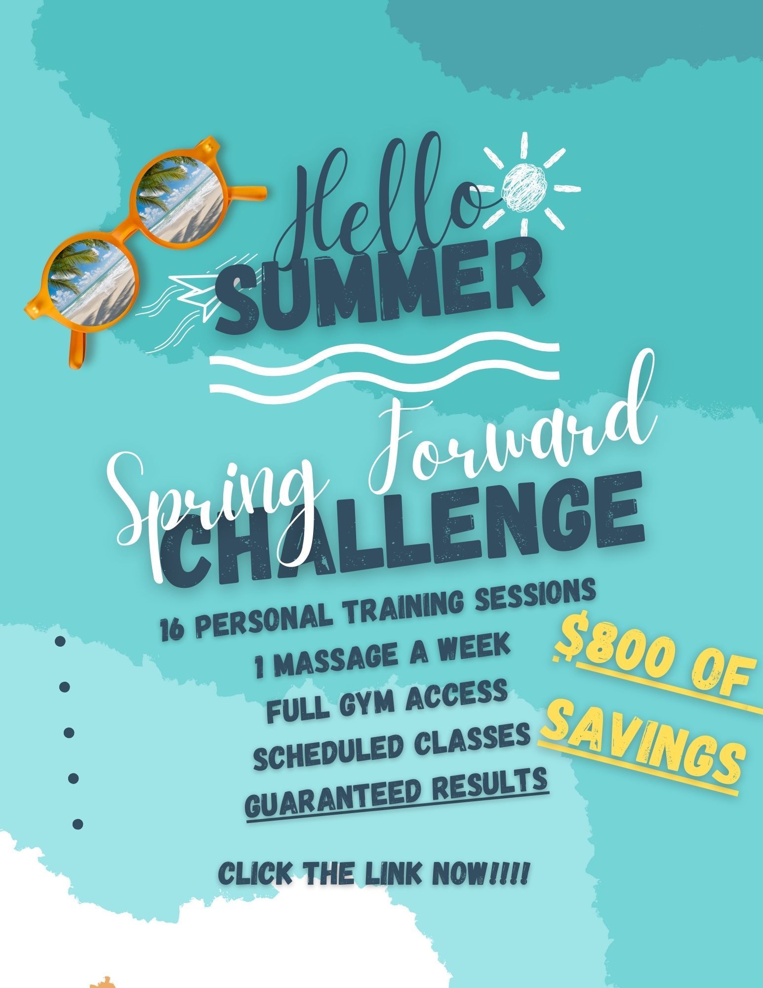 A poster for a spring forward challenge with sunglasses on it
