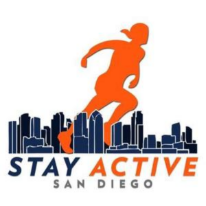 A logo for stay active san diego with a silhouette of a person running