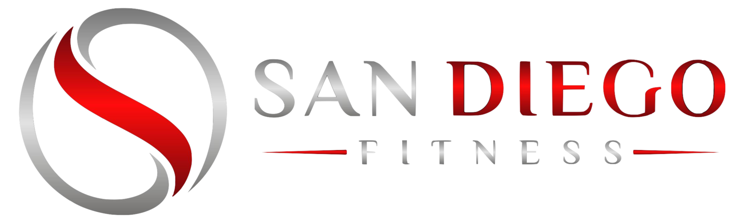 The logo for san diego fitness is red and silver.