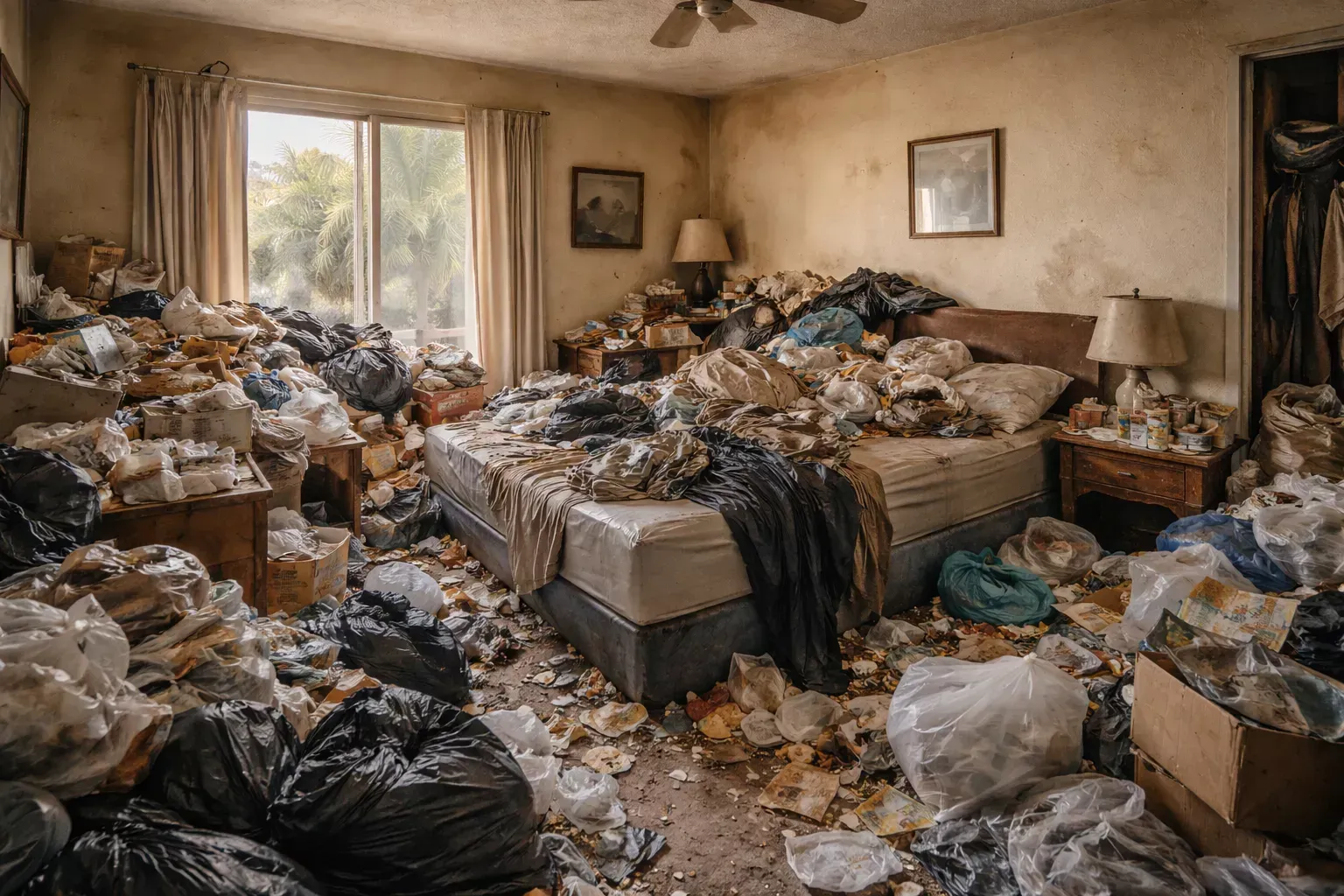 Construction materials scattered outdoors: wooden planks, beams, and bricks on a dirt ground, with trees and hills in the background.