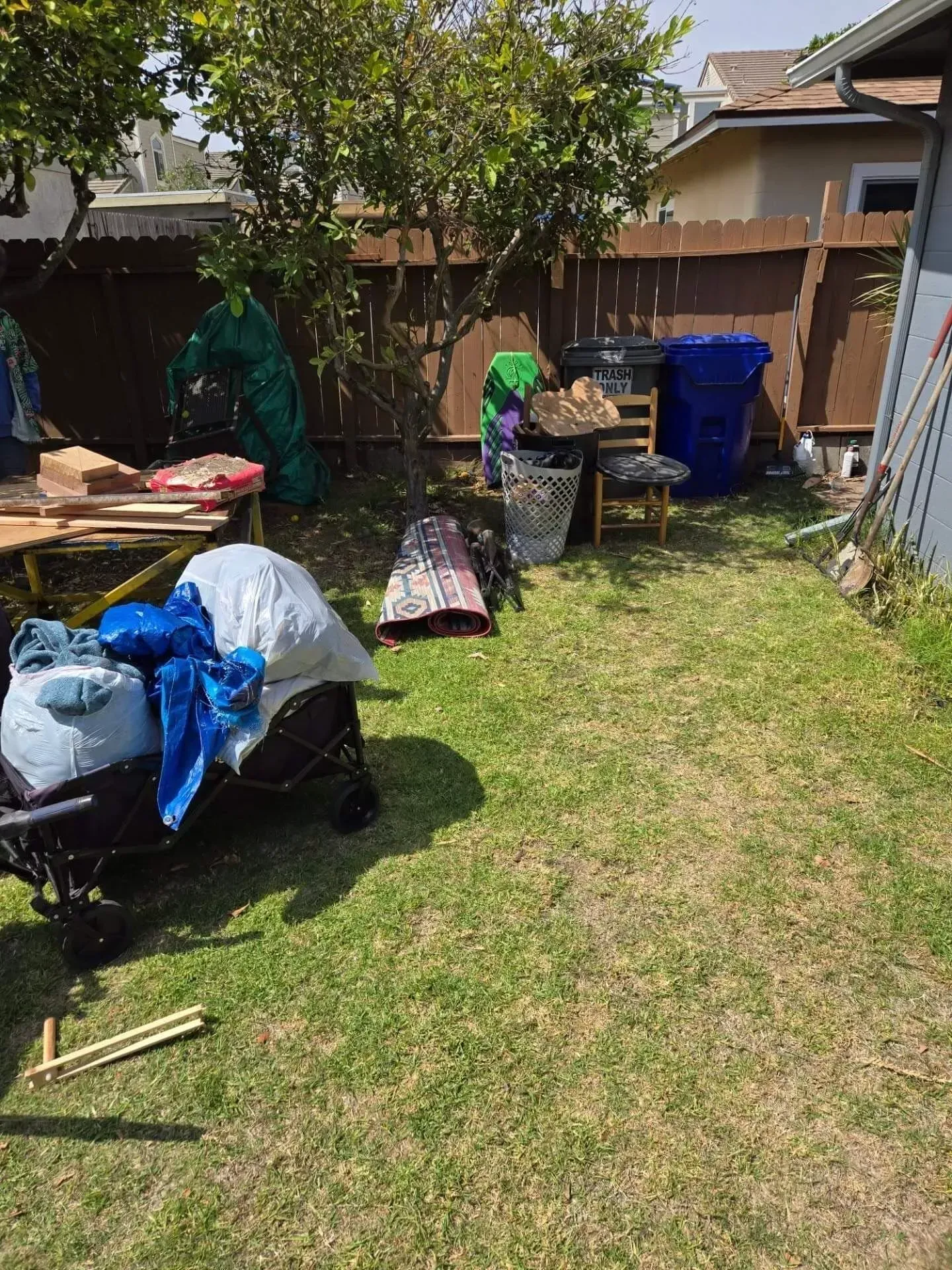 Backyard with grass, various trash bins, and debris near a wooden fence and trees.