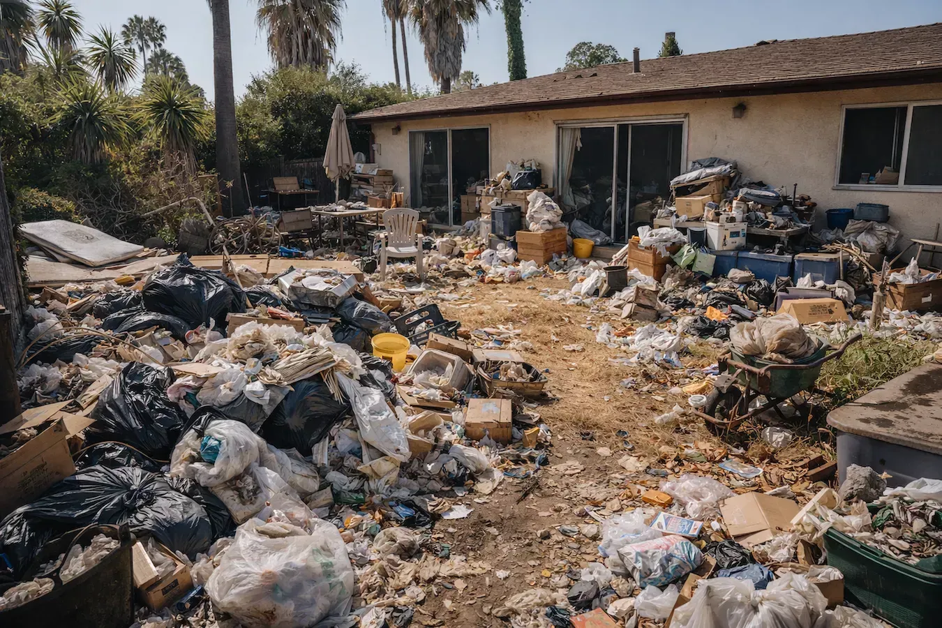 Construction materials scattered outdoors: wooden planks, beams, and bricks on a dirt ground, with trees and hills in the background.