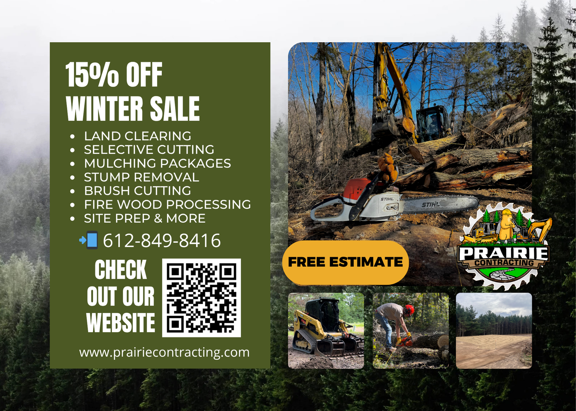 Advertisement for Prairie Contracting with winter sale, land clearing, and contact info.