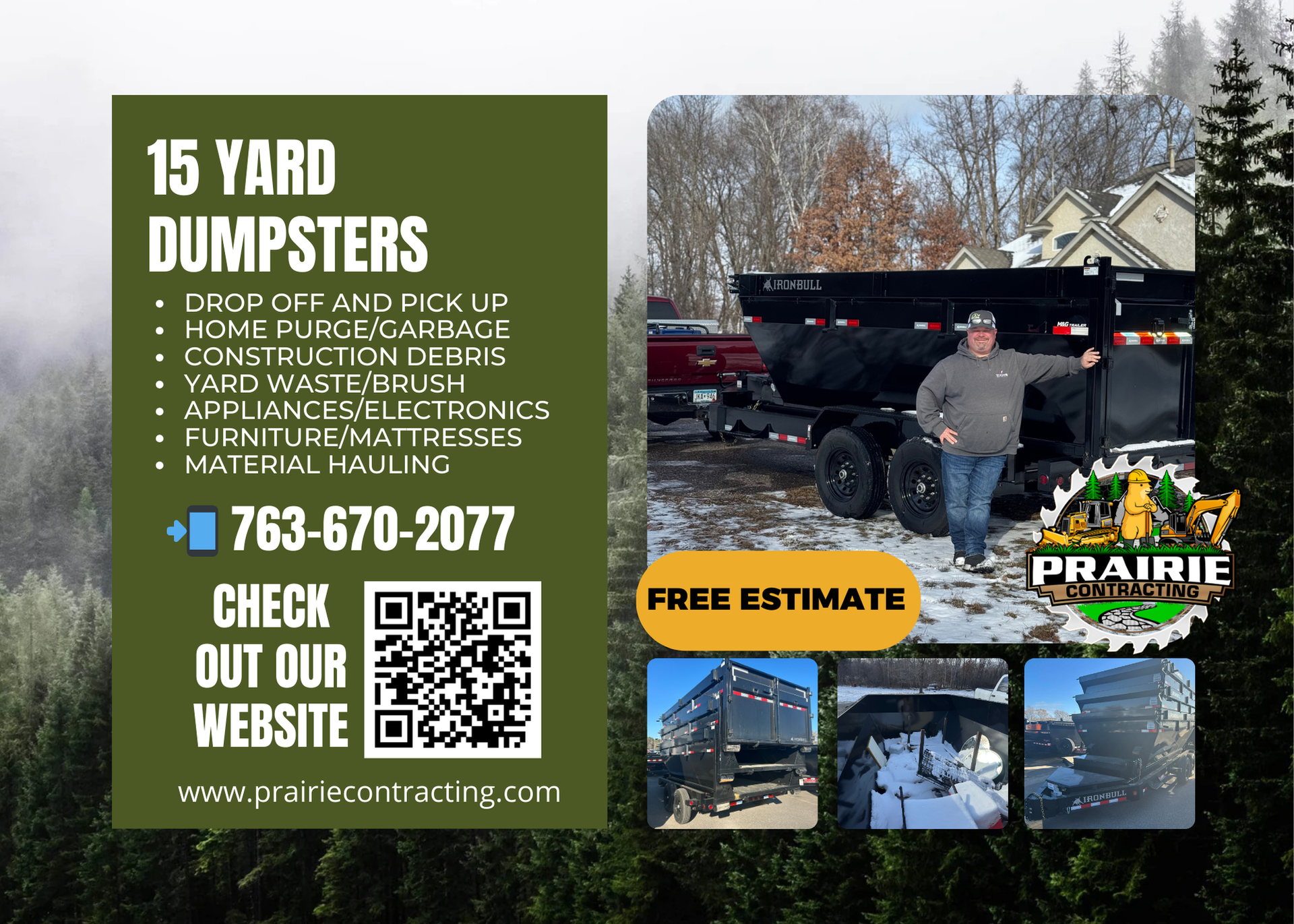 Advertisement for Prairie Contracting's 15-yard dumpsters, with a man posing by a dumpster. Services and contact info listed.