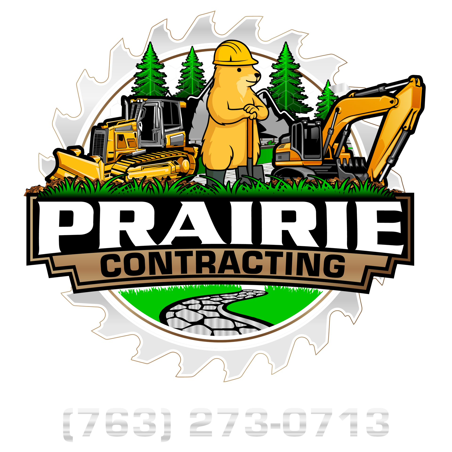 Logo for Prairie Contracting, featuring a bear in a hard hat holding a shovel, construction equipment, and a stone path.