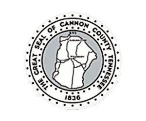 Cannon County, Tennessee seal: white outline map, text