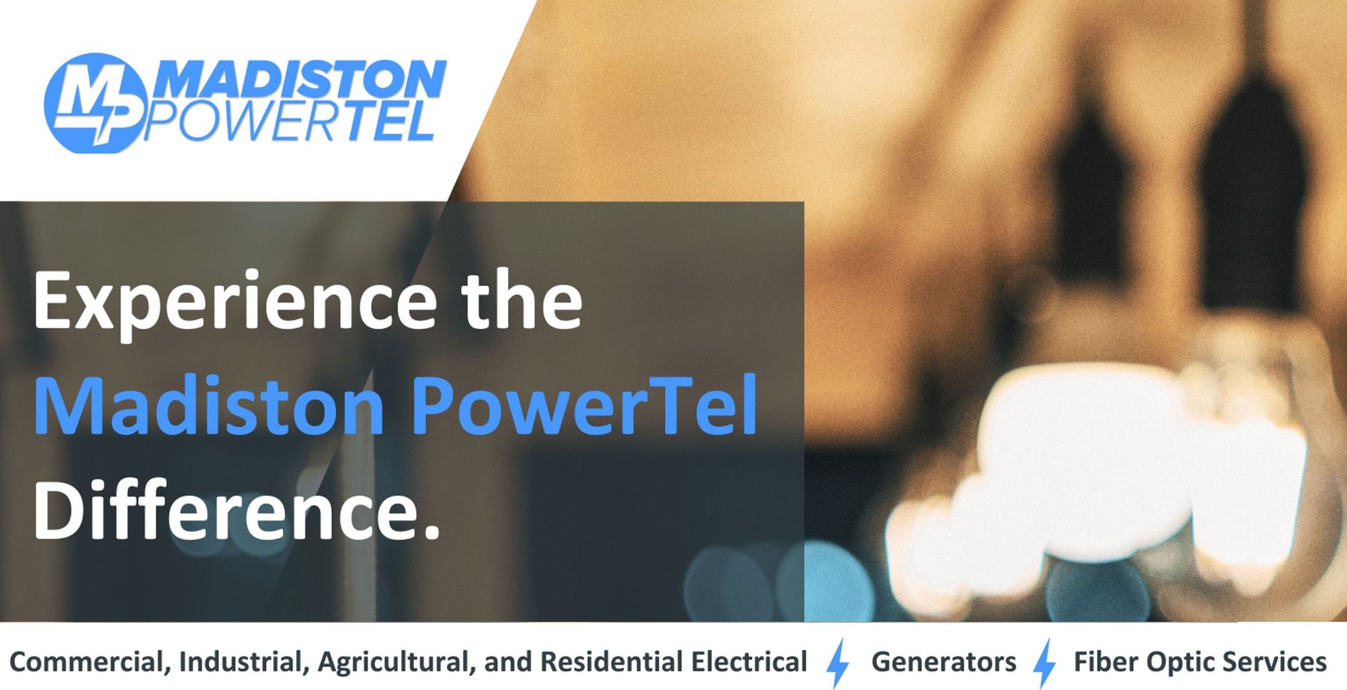 Ad for Madiston PowerTel electrical services, logo and tagline over a blurred lightbulb background.