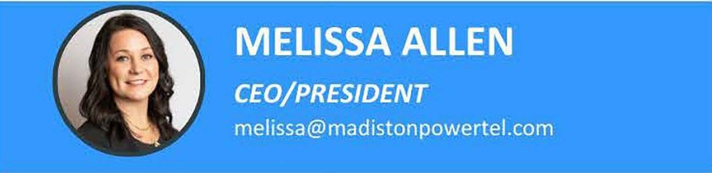 Melissa Allen, CEO/President of Madison PowerTel, in a blue circle on a blue background.