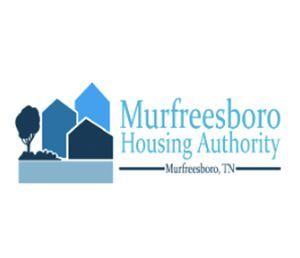 Logo for Murfreesboro Housing Authority: blue houses and tree on a light blue background. Text: