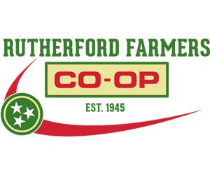 Rutherford Farmers Co-op logo with green text and Tennessee tri-star emblem and red swoosh.