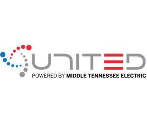 Logo for United, powered by Middle Tennessee Electric. Features a blue/red dot spiral and red bars.