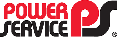 A red and black power service logo on a white background
