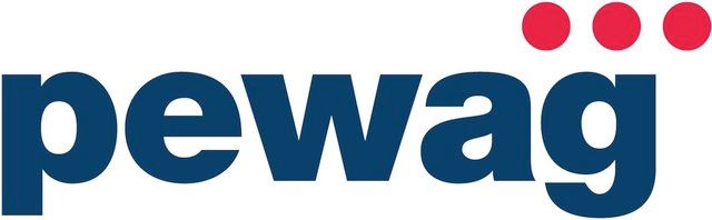 A blue and red pewag logo on a white background